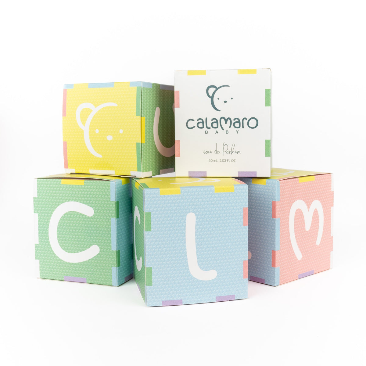 Calamaro Baby Eau de Parfum 60ml in a clear glass perfume bottle with silver lid, presented alongside colourful Calamaro gift packaging.