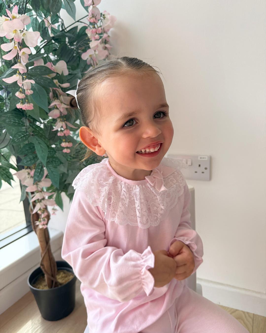 Bluesbaby Elodie Lace Legging Set in soft baby pink with white lace frill collar, pink velvet bow and matching bow detail leggings.
