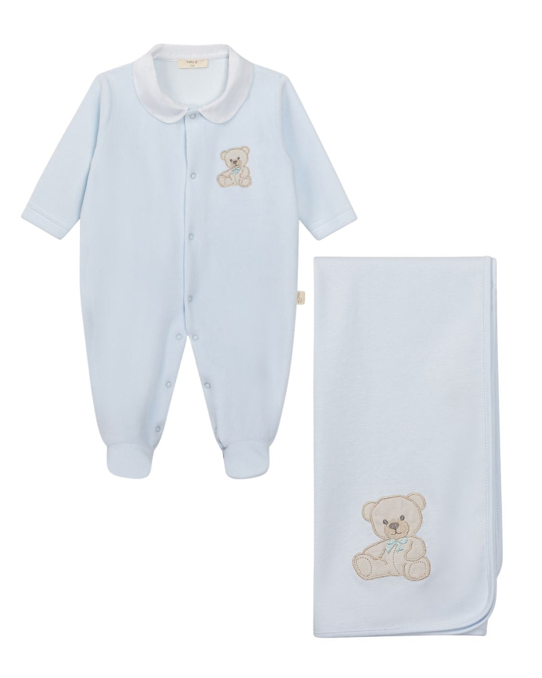 Baby Gi cotton baby shawl and burp cloth with embroidered teddy bear motif in ivory, pink and blue.