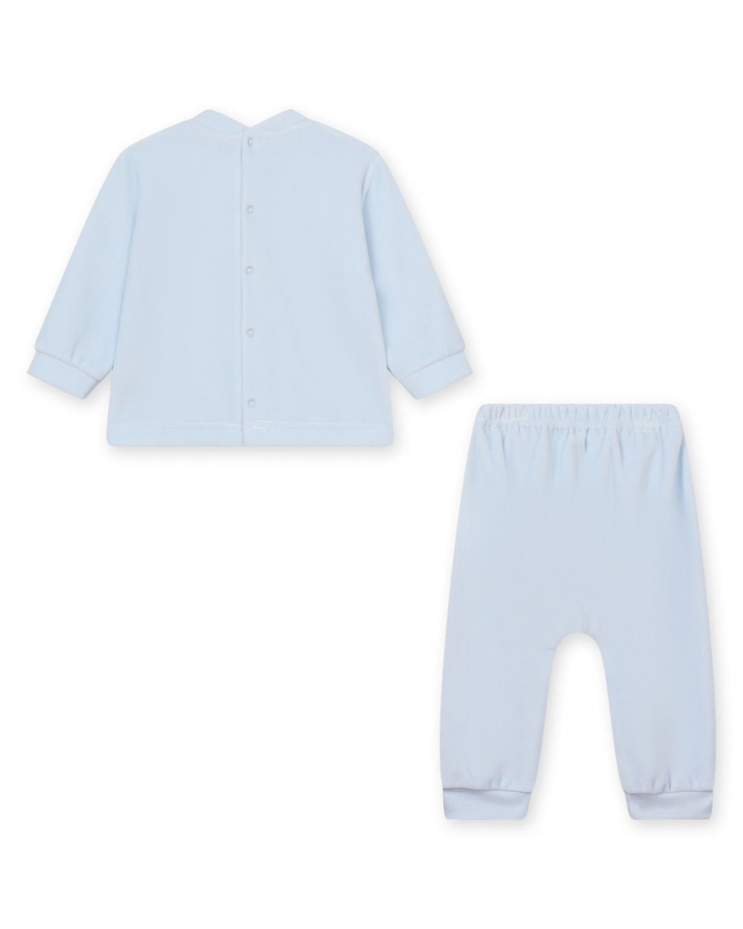 Baby Gi blue velour baby boys jogset with embroidered teddy bear motif and matching joggers.