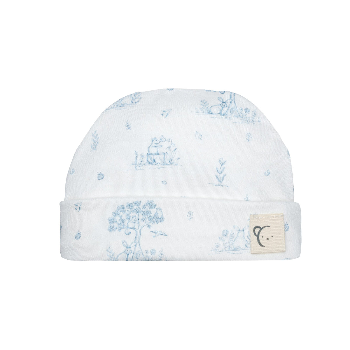 Calamaro Mon Peri four-piece newborn baby gift set in ivory with pink or blue woodland print, featuring a wrap top, footed trousers, matching hat and scratch mittens.