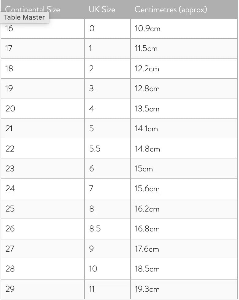 A size conversion table with columns labeled Continental Size, UK Size, and Centimetres (approx). The table lists sizes ranging from 16 to 29, with a gray header and white rows.