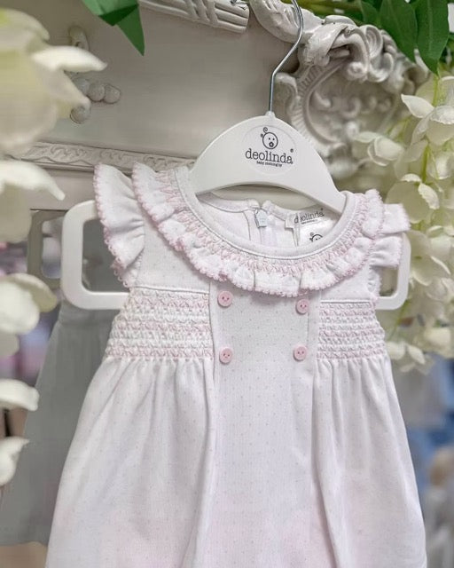 Deolinda Confetti Pink Jampant Set featuring pink jampant shorts, white frill-collar top, pink polka dots, smocking and contrast stitch trims.