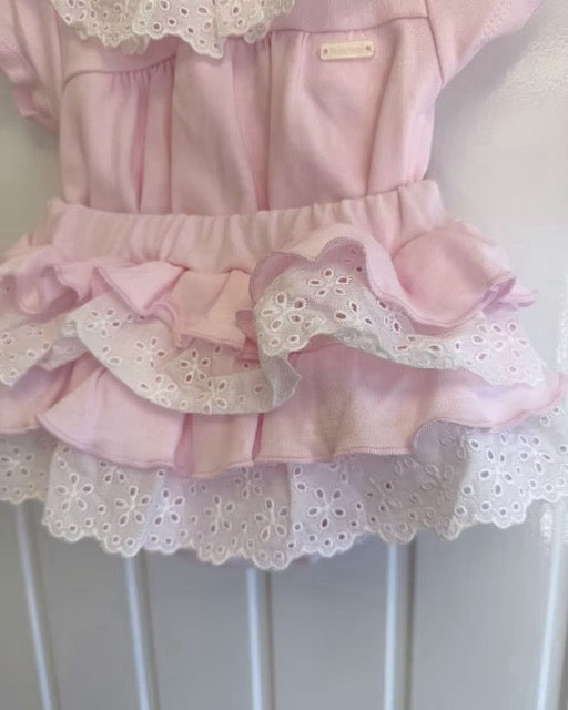 Bluesbaby Cecelia Frill Jampant featuring a pastel pink top, broderie anglaise frill collar, layered ruffle bottoms and lace trim.