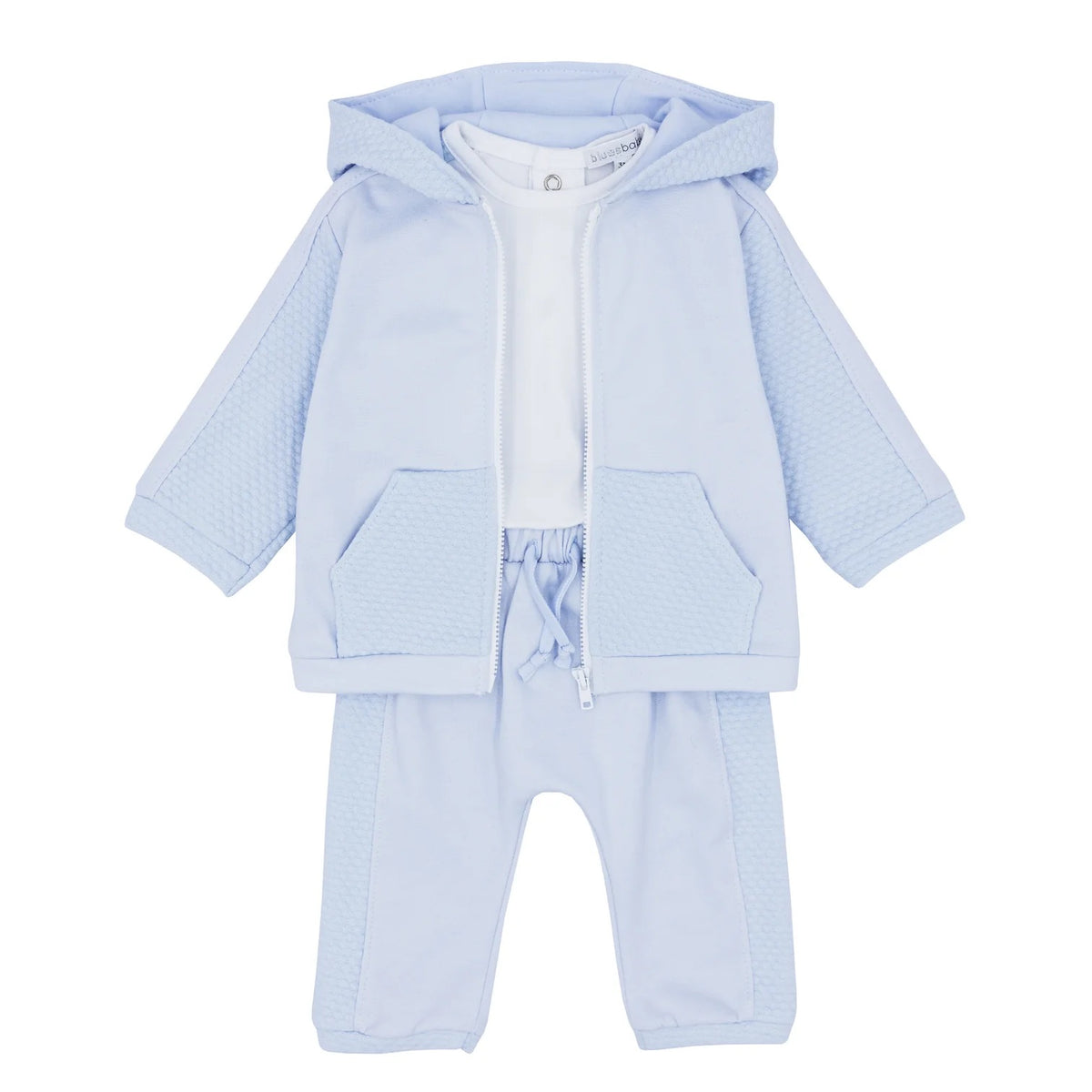 Bluesbaby Arlo baby blue boys three-piece tracksuit with textured hooded zip jacket, matching drawstring trousers and white top.
