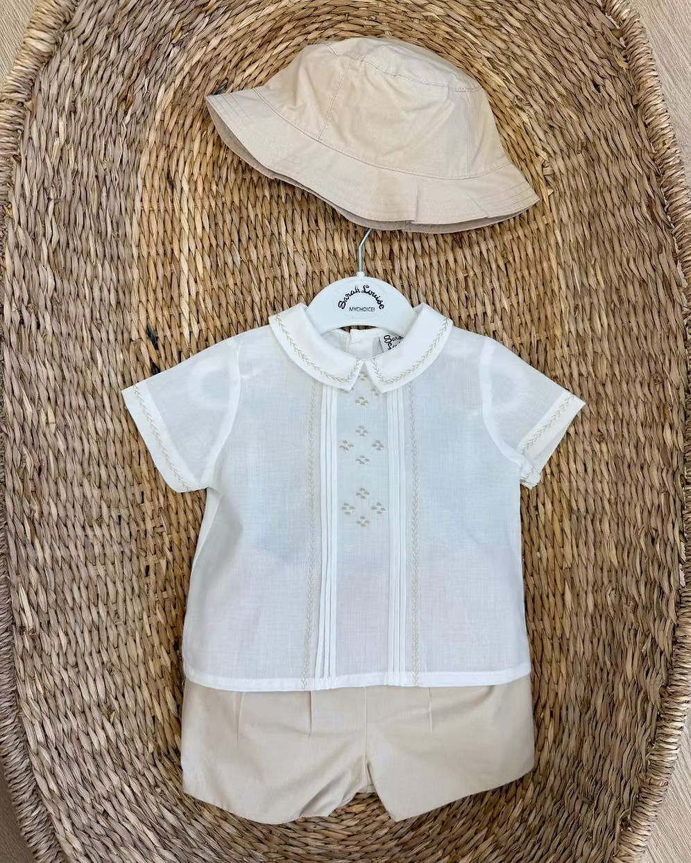 Sarah Louise x Little Lambs Heritage Sun Hat featuring a classic design in ivory or warm beige with lightweight, breathable fabric.