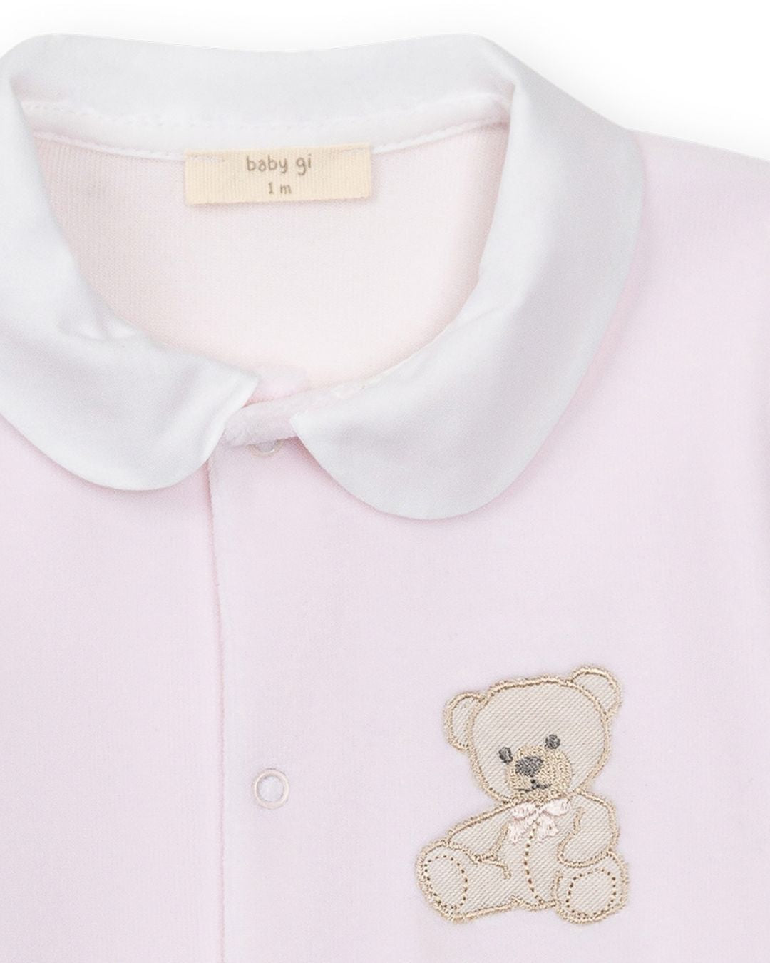 Baby Gi Velour Teddy Babygrow with Peter Pan collar and embroidered teddy motif in pink, blue and ivory.