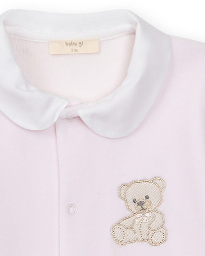 Baby Gi Velour Teddy Babygrow with Peter Pan collar and embroidered teddy motif in pink, blue and ivory.