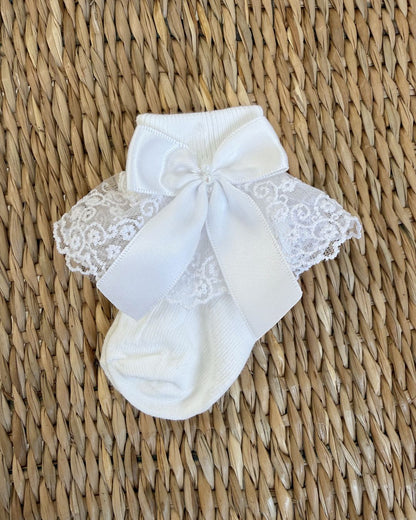 Crafted in soft white fabric, each pair features a delicate lace frill trim, finished with a pretty satin side bow and elegant pearl chain centre.