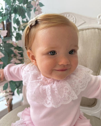Bluesbaby Elodie Lace Jampant Set in soft baby pink with white lace frill collar, pink velour bow and matching tiered ruffle jampants.