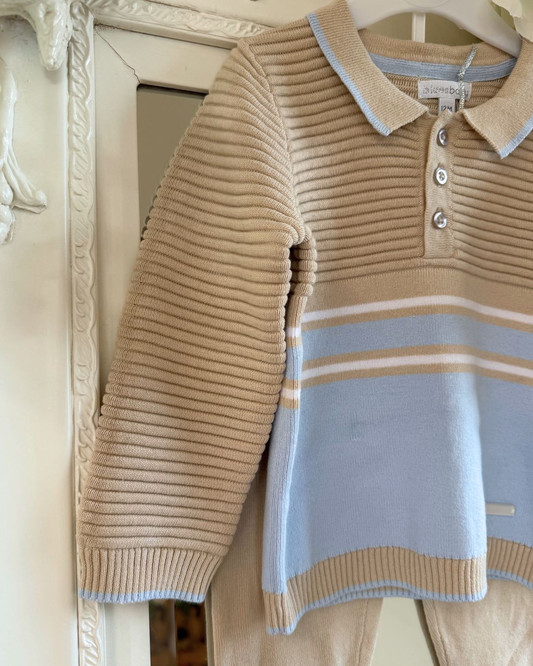 Bluesbaby Carter boys camel knitted jumper and trouser set with baby blue and white stripe detailing.