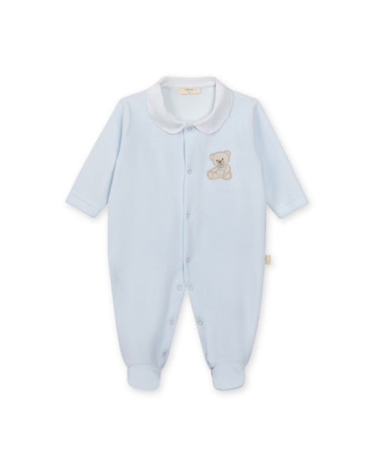 Baby Gi Velour Teddy Babygrow with Peter Pan collar and embroidered teddy motif in pink, blue and ivory.