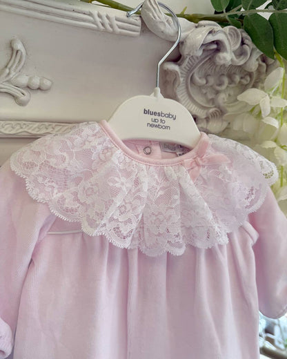 Bluesbaby Elodie Lace Velour Babygrow in baby pink with white lace frill collar, velvet bow and matching pink baby hat.