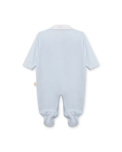 Baby Gi Velour Teddy Babygrow with Peter Pan collar and embroidered teddy motif in pink, blue and ivory.
