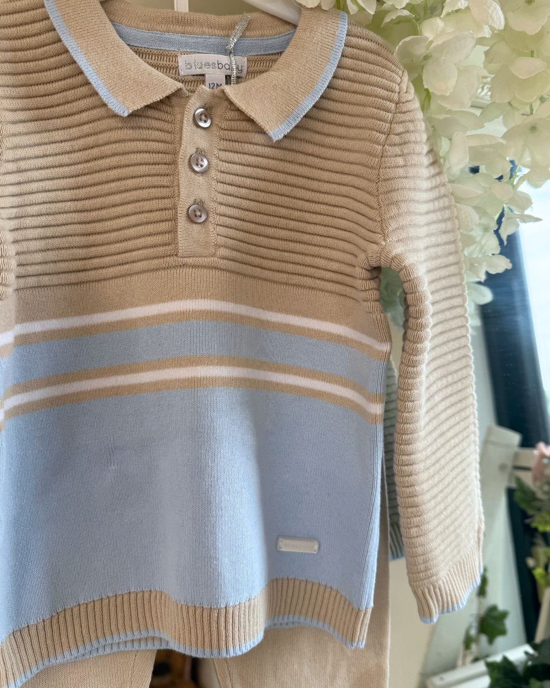 Bluesbaby Carter boys camel knitted jumper and trouser set with baby blue and white stripe detailing.