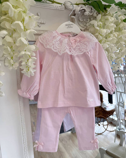 Bluesbaby Elodie Lace Legging Set in soft baby pink with white lace frill collar, pink velvet bow and matching bow detail leggings.