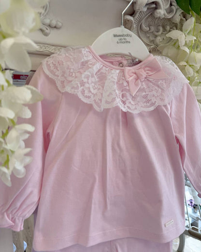 Bluesbaby Elodie Lace Legging Set in soft baby pink with white lace frill collar, pink velvet bow and matching bow detail leggings.