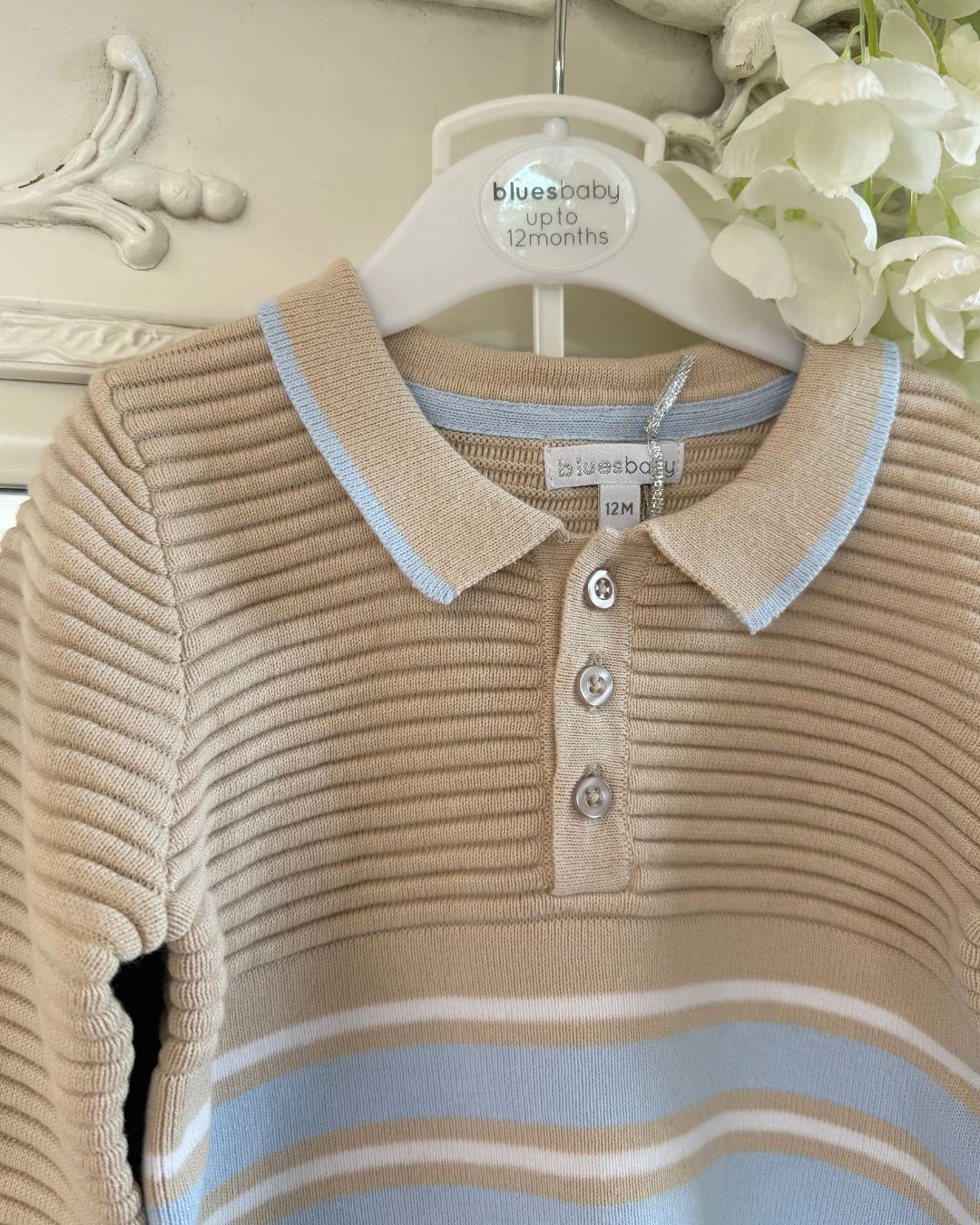 Bluesbaby Carter boys camel knitted jumper and trouser set with baby blue and white stripe detailing.