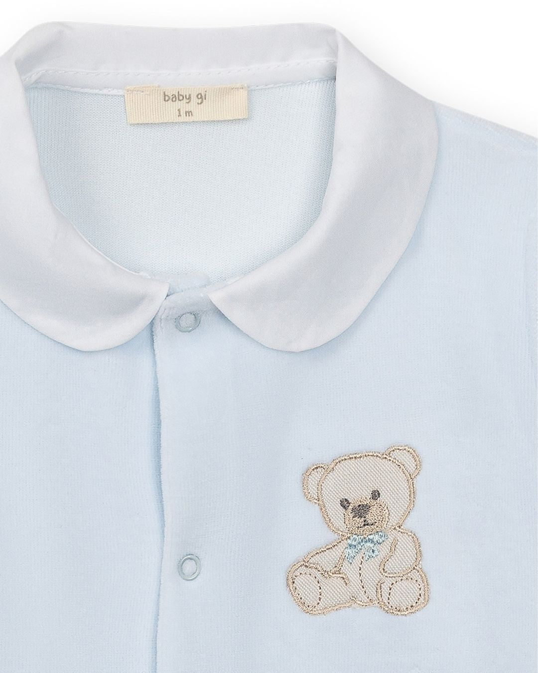 Baby Gi Velour Teddy Babygrow with Peter Pan collar and embroidered teddy motif in pink, blue and ivory.