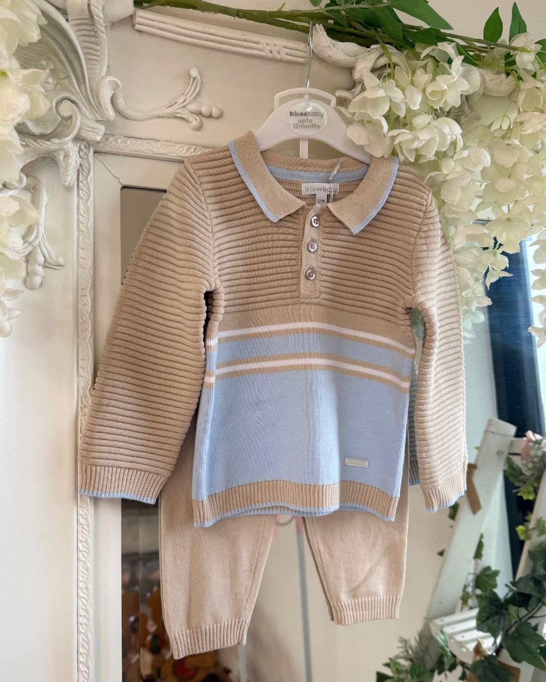 Bluesbaby Carter boys camel knitted jumper and trouser set with baby blue and white stripe detailing.