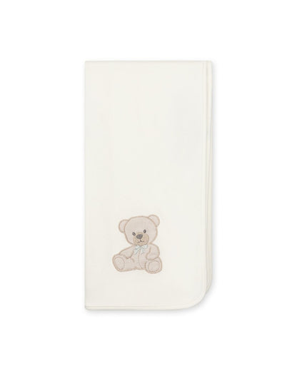 Baby Gi cotton baby shawl and burp cloth with embroidered teddy bear motif in ivory, pink and blue.