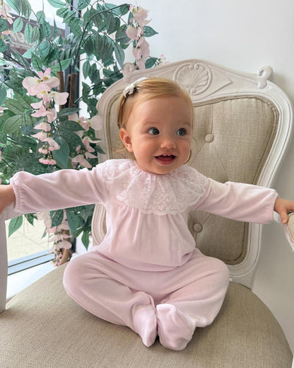 Bluesbaby Elodie Lace Velour Babygrow in baby pink with white lace frill collar, velvet bow and matching pink baby hat.