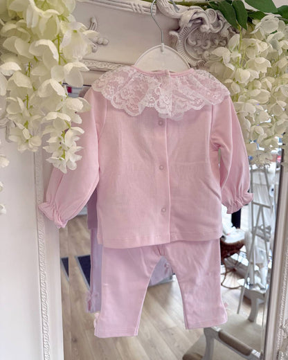 Bluesbaby Elodie Lace Legging Set in soft baby pink with white lace frill collar, pink velvet bow and matching bow detail leggings.