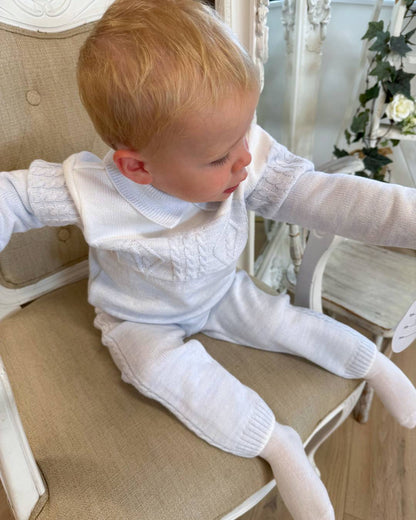 Sarah Louise Alfie baby blue and ivory boys knitted trouser set with cable knit detailing and collar.