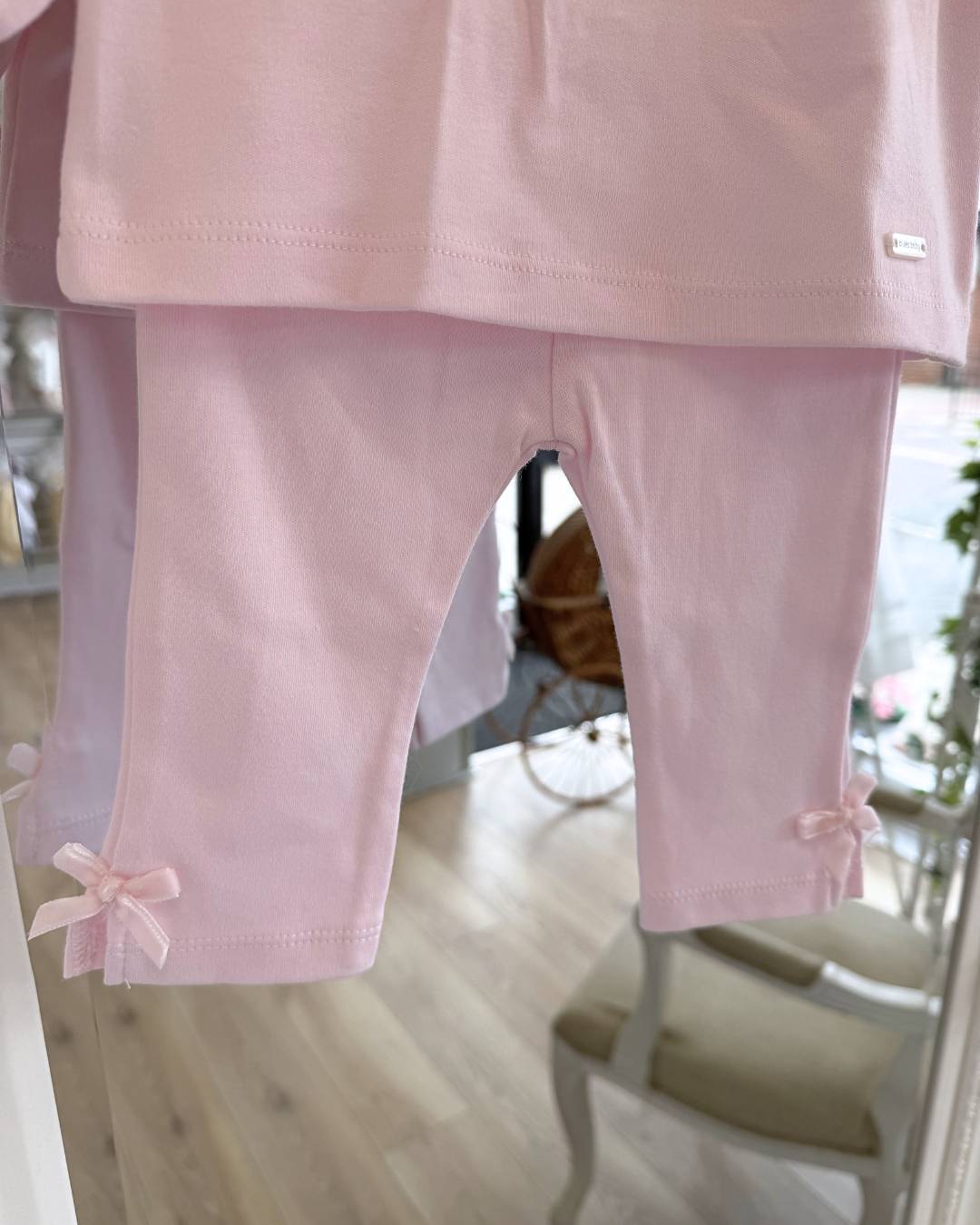 Bluesbaby Elodie Lace Legging Set in soft baby pink with white lace frill collar, pink velvet bow and matching bow detail leggings.