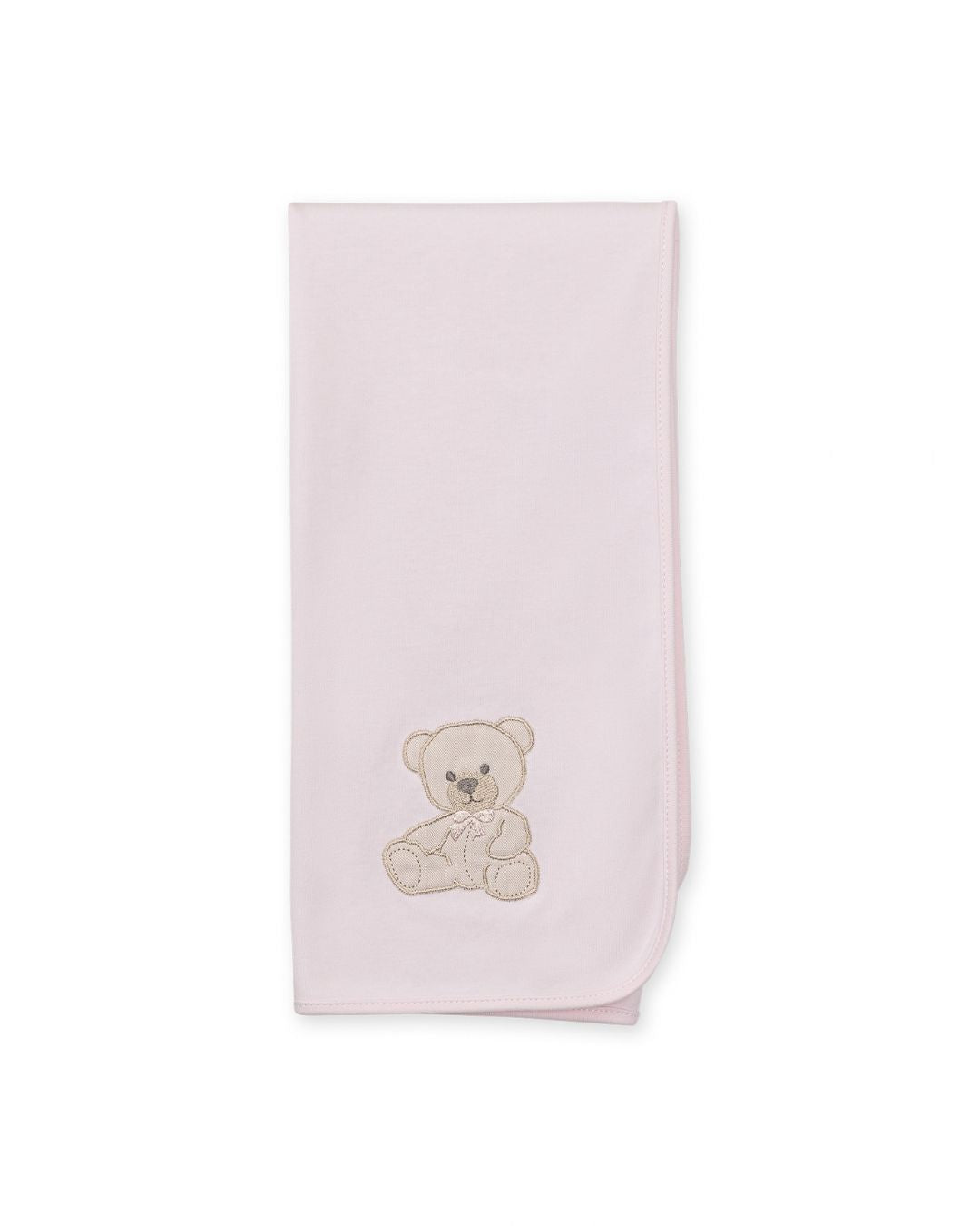 Baby Gi cotton baby shawl and burp cloth with embroidered teddy bear motif in ivory, pink and blue.