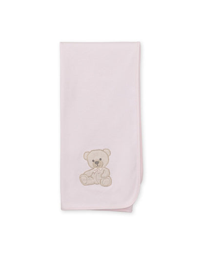 Baby Gi cotton baby shawl and burp cloth with embroidered teddy bear motif in ivory, pink and blue.