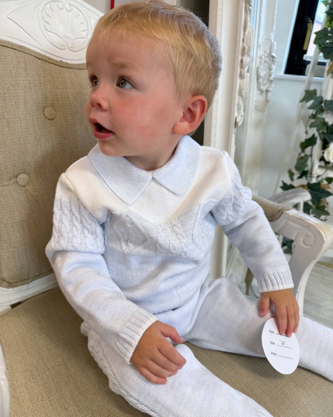Sarah Louise Alfie baby blue and ivory boys knitted trouser set with cable knit detailing and collar.