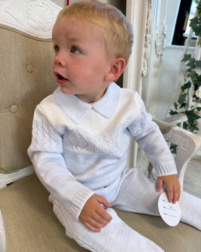 Sarah Louise Alfie baby blue and ivory boys knitted trouser set with cable knit detailing and collar.