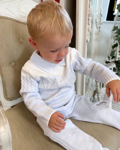 Sarah Louise Alfie baby blue and ivory boys knitted trouser set with cable knit detailing and collar.