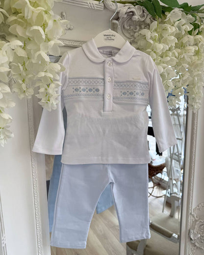 Bluesbaby Evan Smock Trouser Set with white Peter Pan collar top, blue smocked chest detail and baby blue trousers.