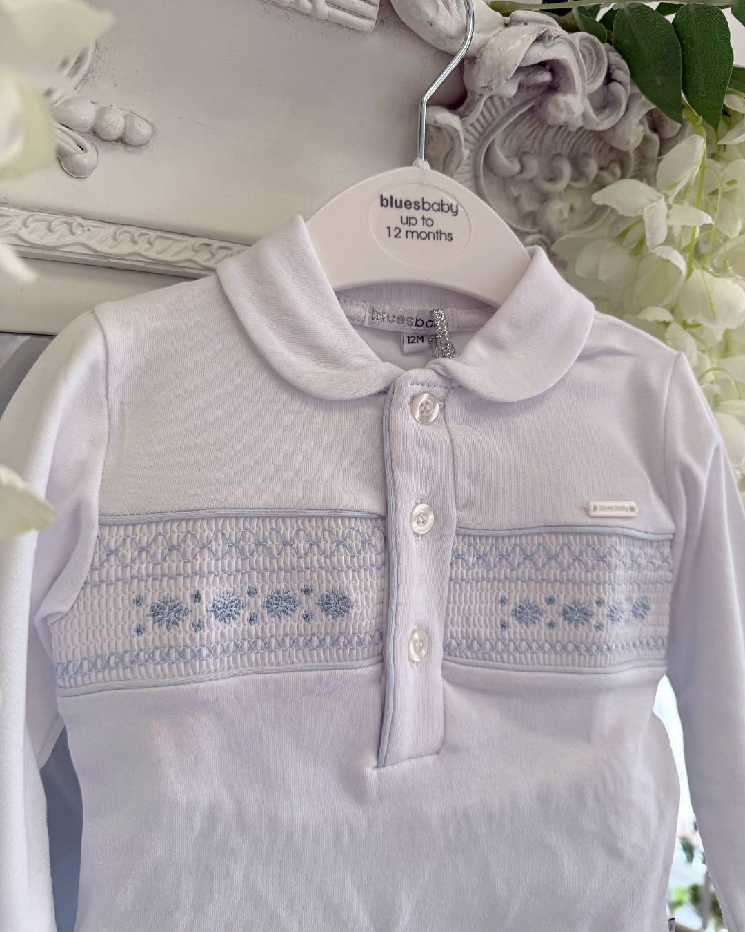Bluesbaby Evan Smock Trouser Set with white Peter Pan collar top, blue smocked chest detail and baby blue trousers.