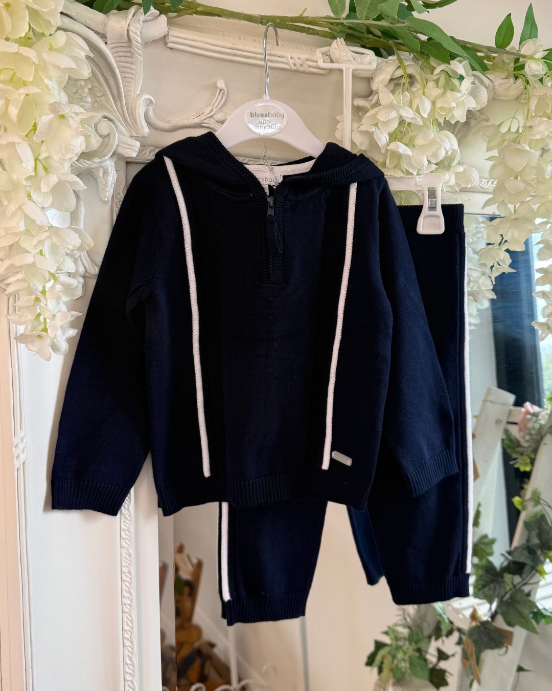 Bluesbaby Brooks boys navy cotton knit hooded jumper and trouser set with white stripe and checker detailing.