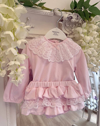 Bluesbaby Elodie Lace Jampant Set in soft baby pink with white lace frill collar, pink velour bow and matching tiered ruffle jampants.