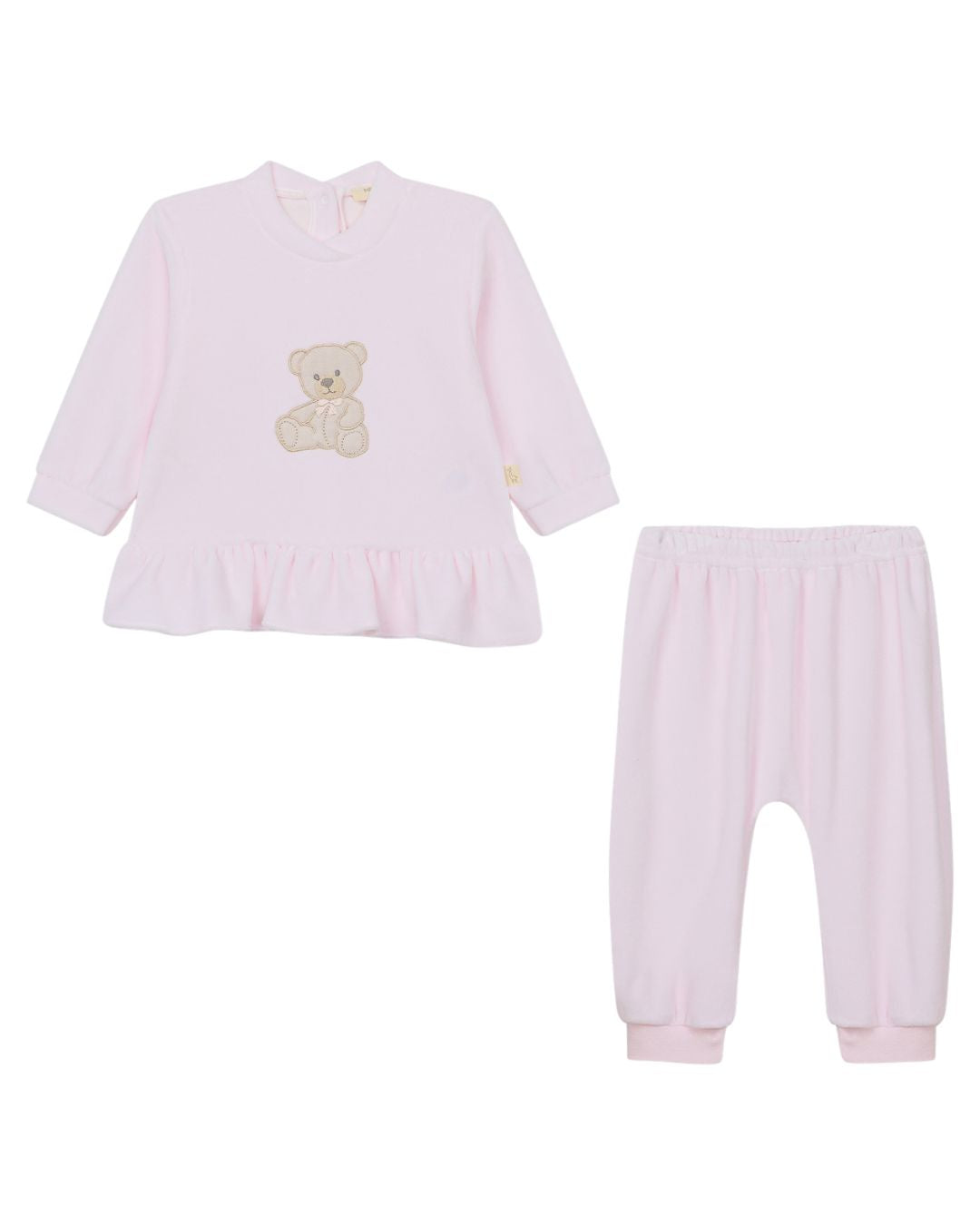 Baby Gi pink velour baby girls jogset with embroidered teddy bear motif and frill hem.