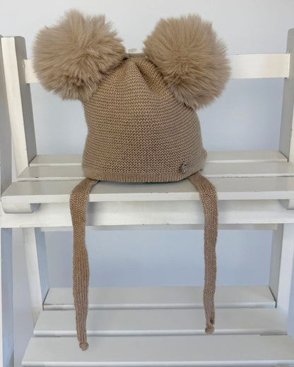 Jamiks Berit camel brown double faux fur pom baby winter hat with chin ties.