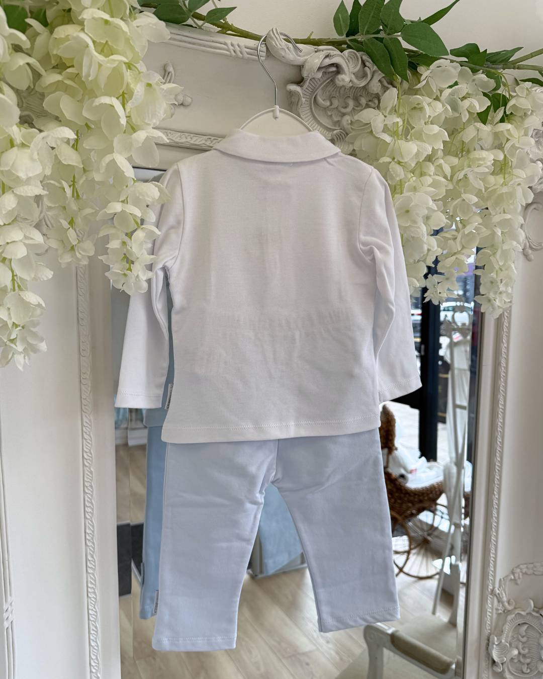 Bluesbaby Evan Smock Trouser Set with white Peter Pan collar top, blue smocked chest detail and baby blue trousers.