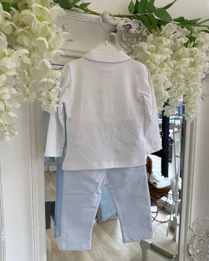 Bluesbaby Evan Smock Trouser Set with white Peter Pan collar top, blue smocked chest detail and baby blue trousers.