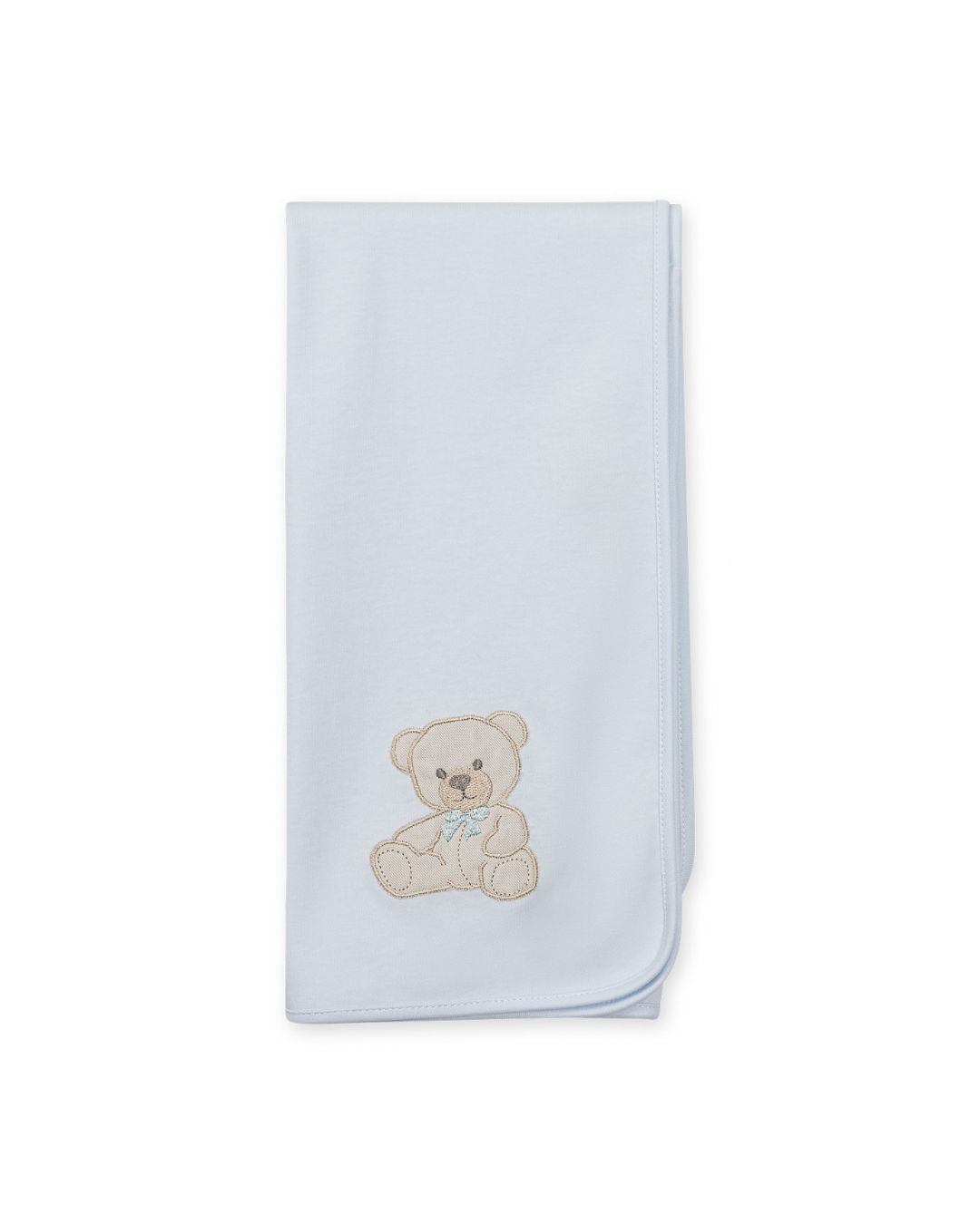 Baby Gi cotton baby shawl and burp cloth with embroidered teddy bear motif in ivory, pink and blue.