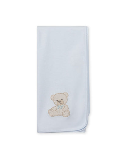 Baby Gi cotton baby shawl and burp cloth with embroidered teddy bear motif in ivory, pink and blue.