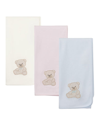 Baby Gi cotton baby shawl and burp cloth with embroidered teddy bear motif in ivory, pink and blue.