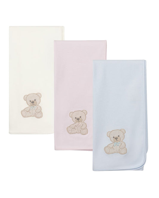 Baby Gi cotton baby shawl and burp cloth with embroidered teddy bear motif in ivory, pink and blue.