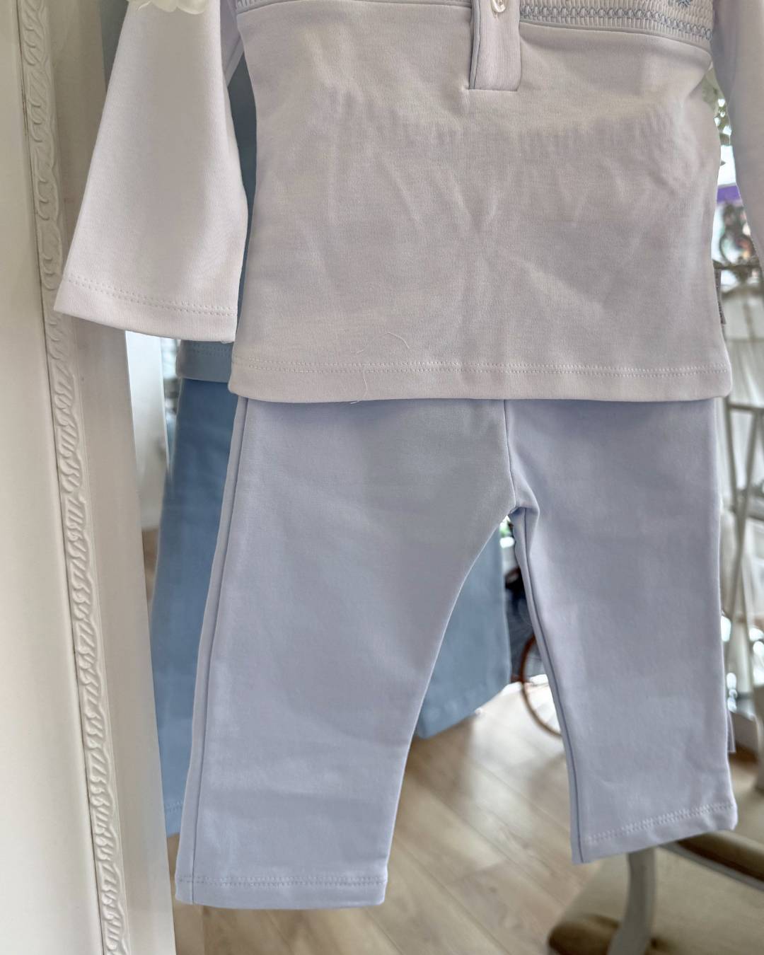 Bluesbaby Evan Smock Trouser Set with white Peter Pan collar top, blue smocked chest detail and baby blue trousers.