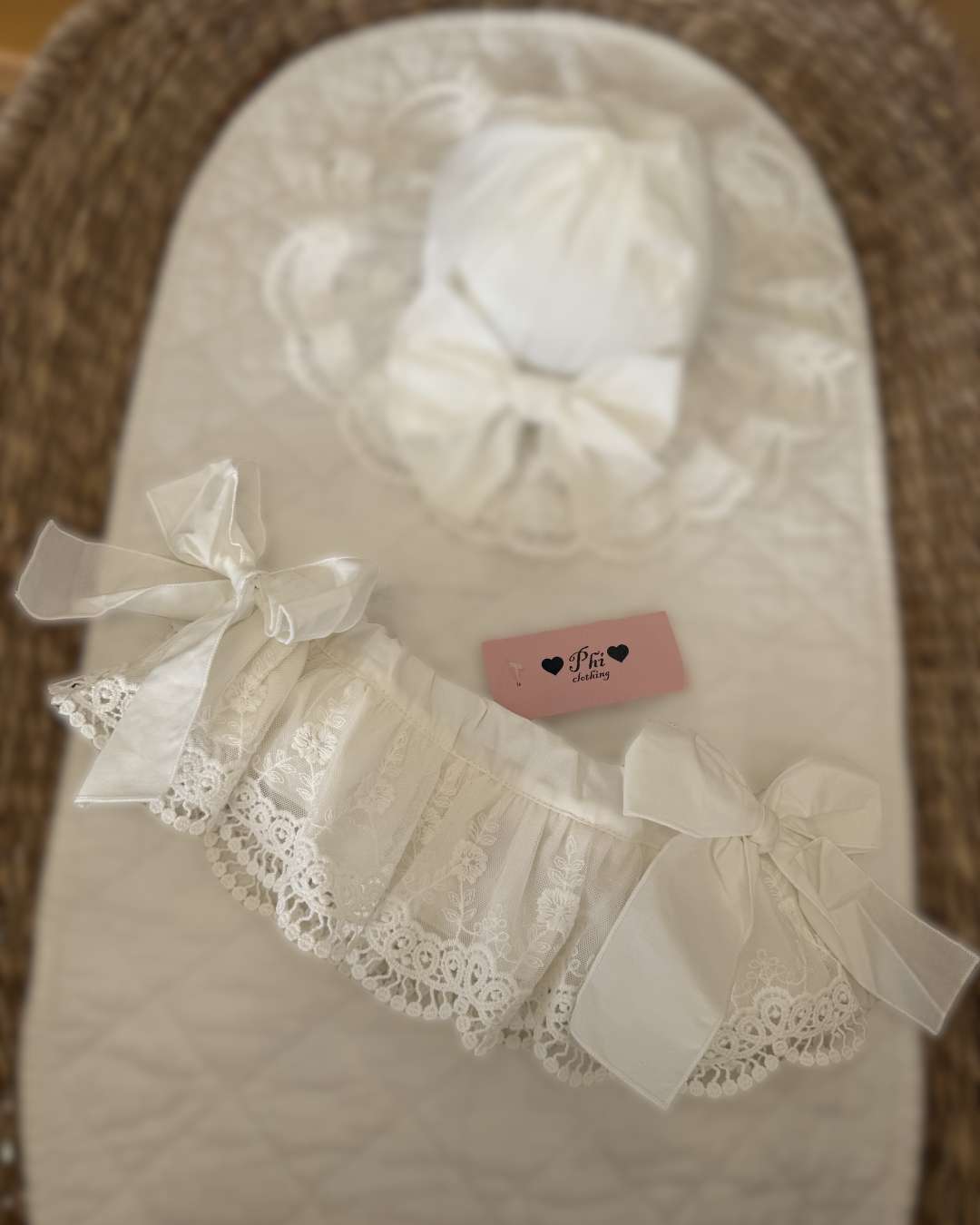 Phi Ivy Lace Jampants featuring soft ivory cotton, embroidered lace overskirt and oversized bows on each side.