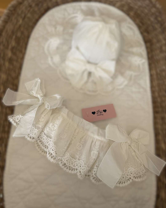 Phi Ivy Lace Jampants featuring soft ivory cotton, embroidered lace overskirt and oversized bows on each side.