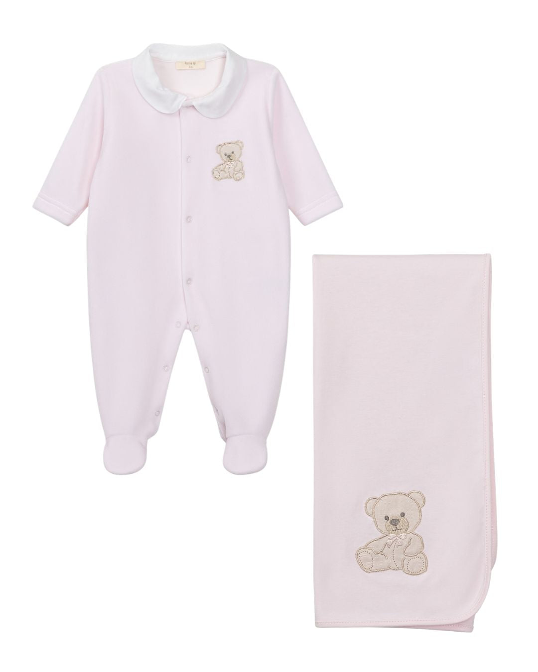 Baby Gi cotton baby shawl and burp cloth with embroidered teddy bear motif in ivory, pink and blue.